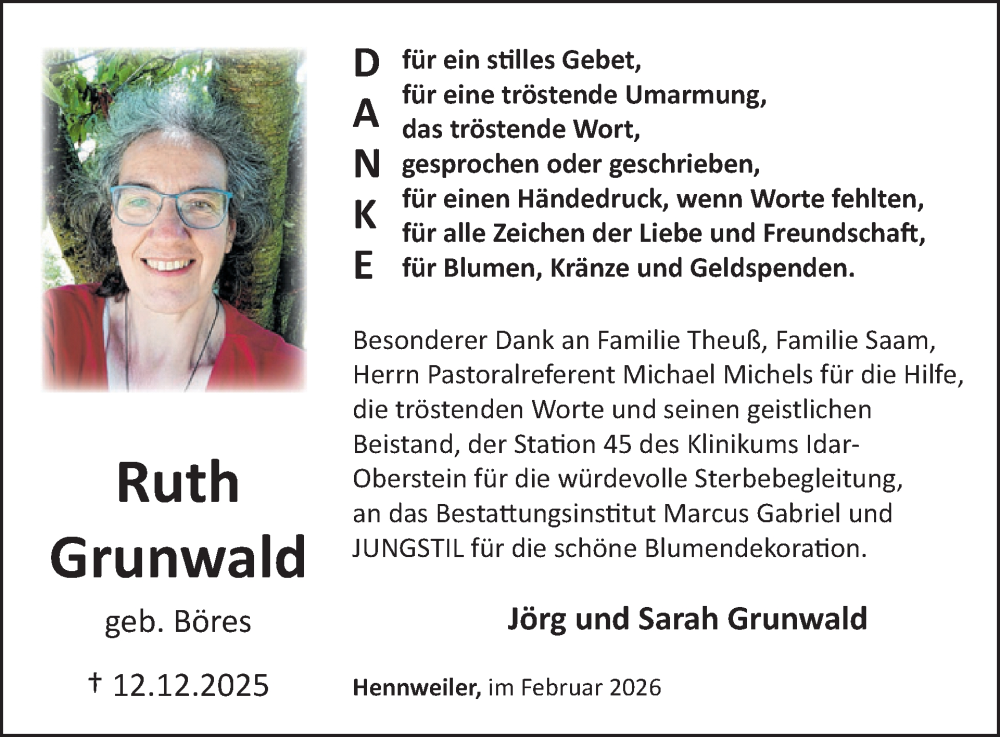  Traueranzeige für Ruth Grunwald vom 07.02.2026 aus WochenSpiegel