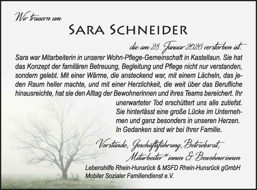  Traueranzeige für Sara Schneider vom 14.02.2026 aus WochenSpiegel