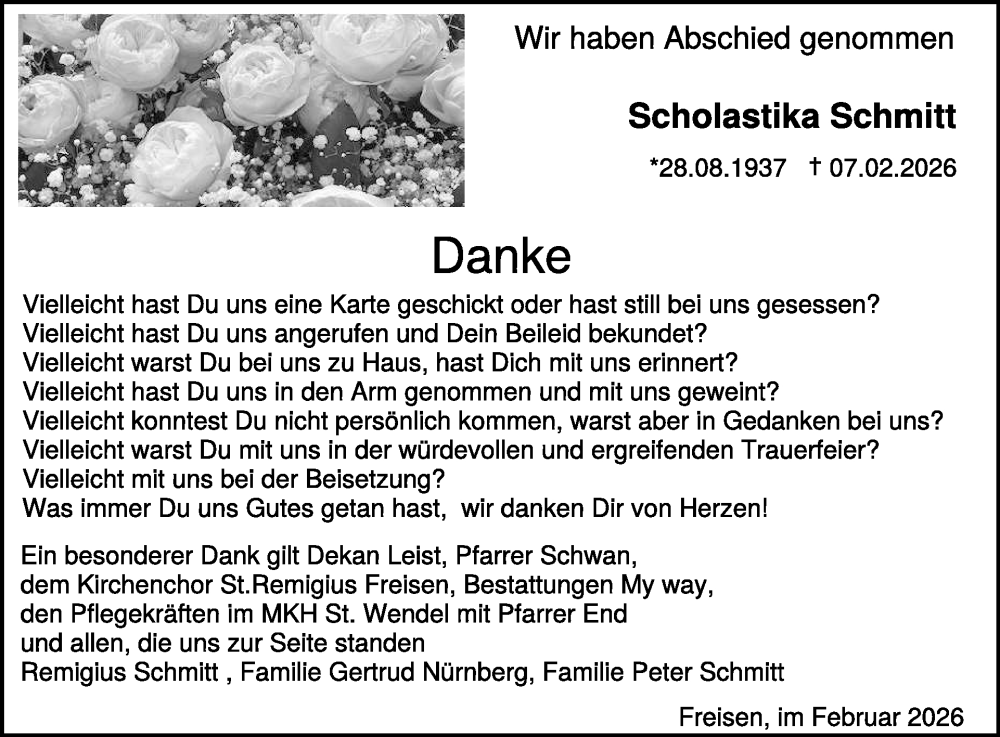  Traueranzeige für Scholastika Schmitt vom 28.02.2026 aus WochenSpiegel