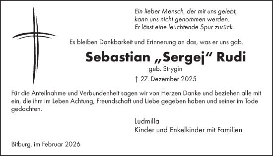 Traueranzeige von Sebastian  Rudi von WochenSpiegel