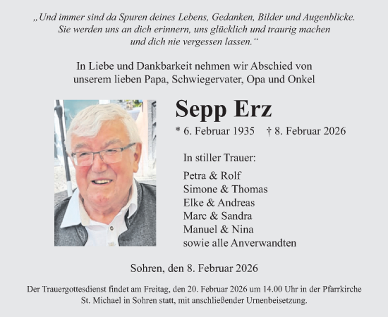 Traueranzeige von Sepp Erz von WochenSpiegel