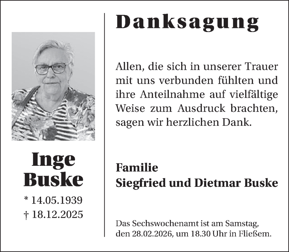  Traueranzeige für Siegfried Buske vom 20.02.2026 aus WochenSpiegel