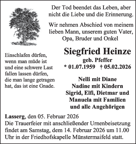 Traueranzeige von Siegfried Heinze von WochenSpiegel