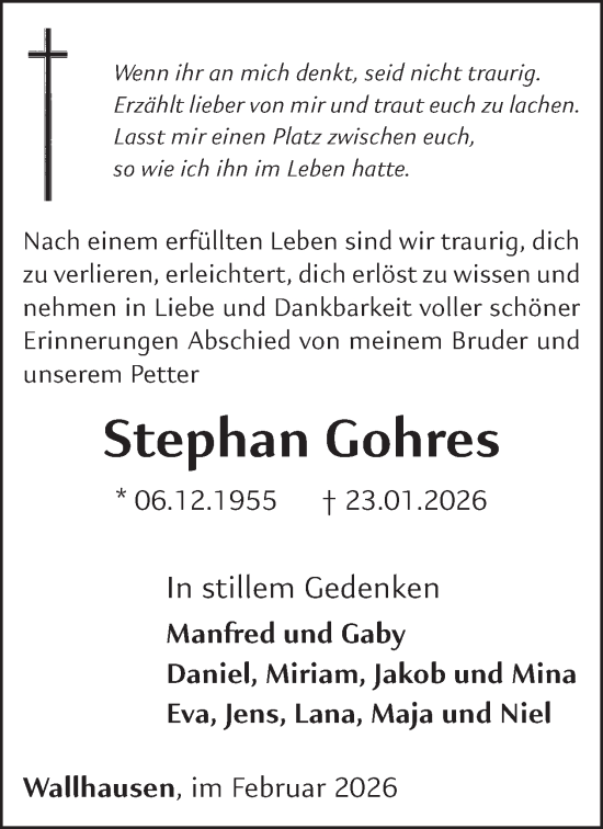 Traueranzeige von Stephan Gohres von WochenSpiegel