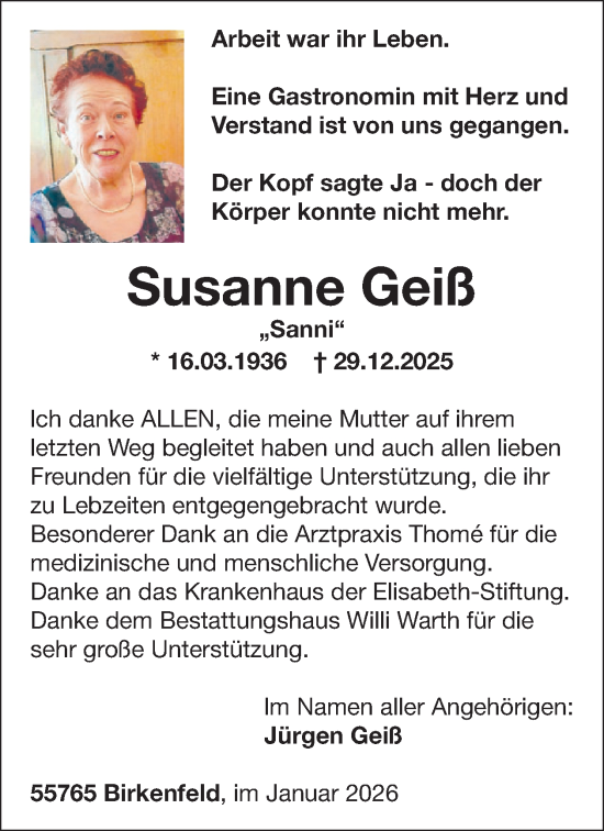 Traueranzeige von Susanne Geiß von WochenSpiegel
