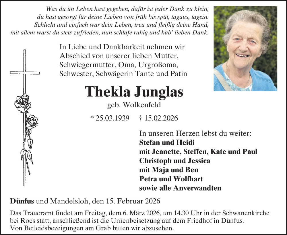  Traueranzeige für Thekla Junglas vom 25.02.2026 aus WochenSpiegel