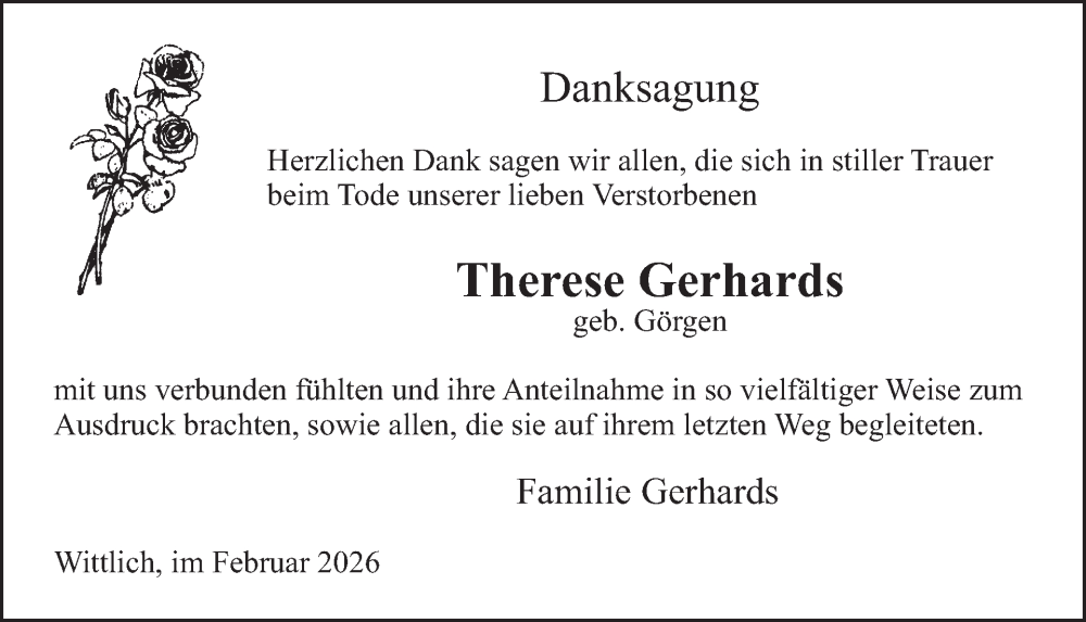  Traueranzeige für Therese Gerhards vom 06.02.2026 aus WochenSpiegel