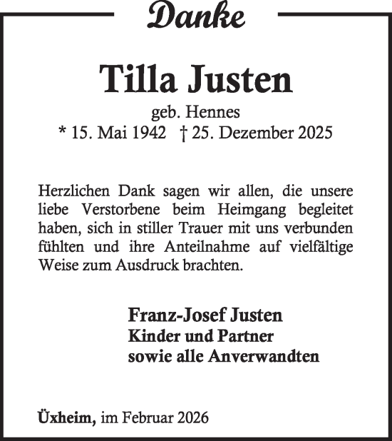 Traueranzeige von Tilla Justen von WochenSpiegel