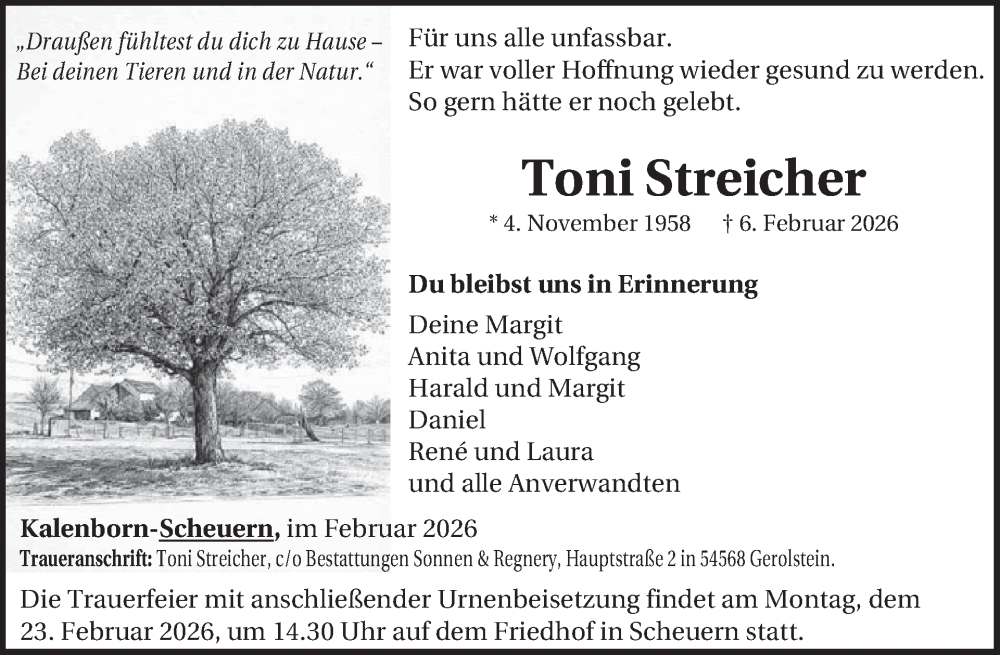  Traueranzeige für Toni Streicher vom 14.02.2026 aus WochenSpiegel