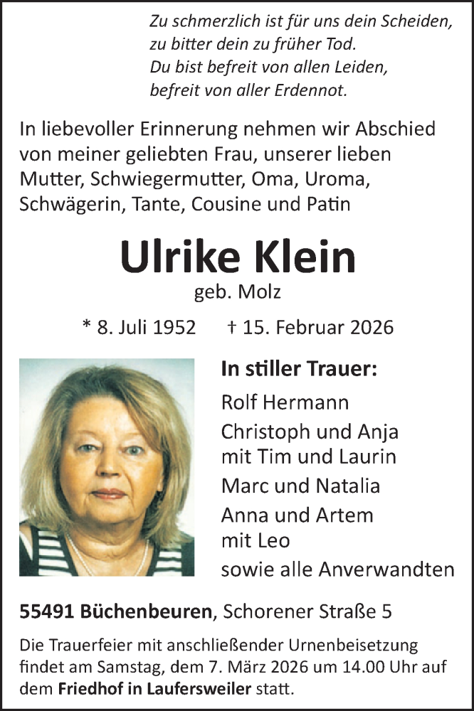  Traueranzeige für Ulrike Klein vom 28.02.2026 aus WochenSpiegel