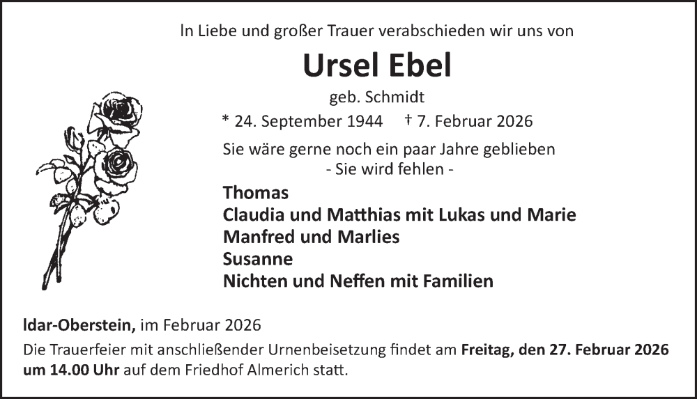  Traueranzeige für Ursel Ebel vom 21.02.2026 aus WochenSpiegel