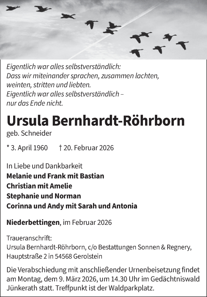  Traueranzeige für Ursula Bernhardt-Röhrborn vom 28.02.2026 aus WochenSpiegel