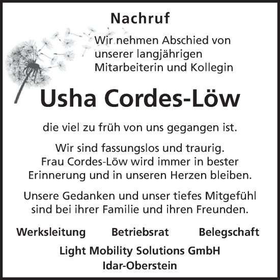 Traueranzeige von Usha Cordes-Löw von WochenSpiegel