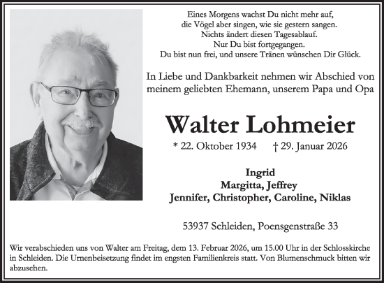 Traueranzeige von Walter Lohmeier von WochenSpiegel