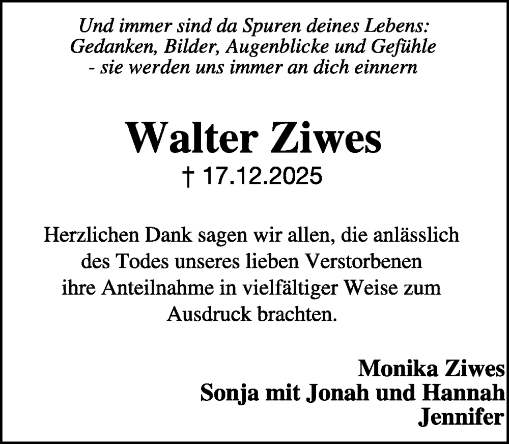  Traueranzeige für Walter Ziwes vom 21.02.2026 aus WochenSpiegel