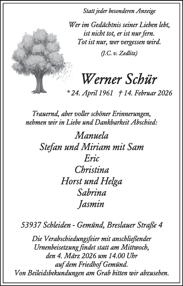  Traueranzeige für Werner Schür vom 25.02.2026 aus WochenSpiegel