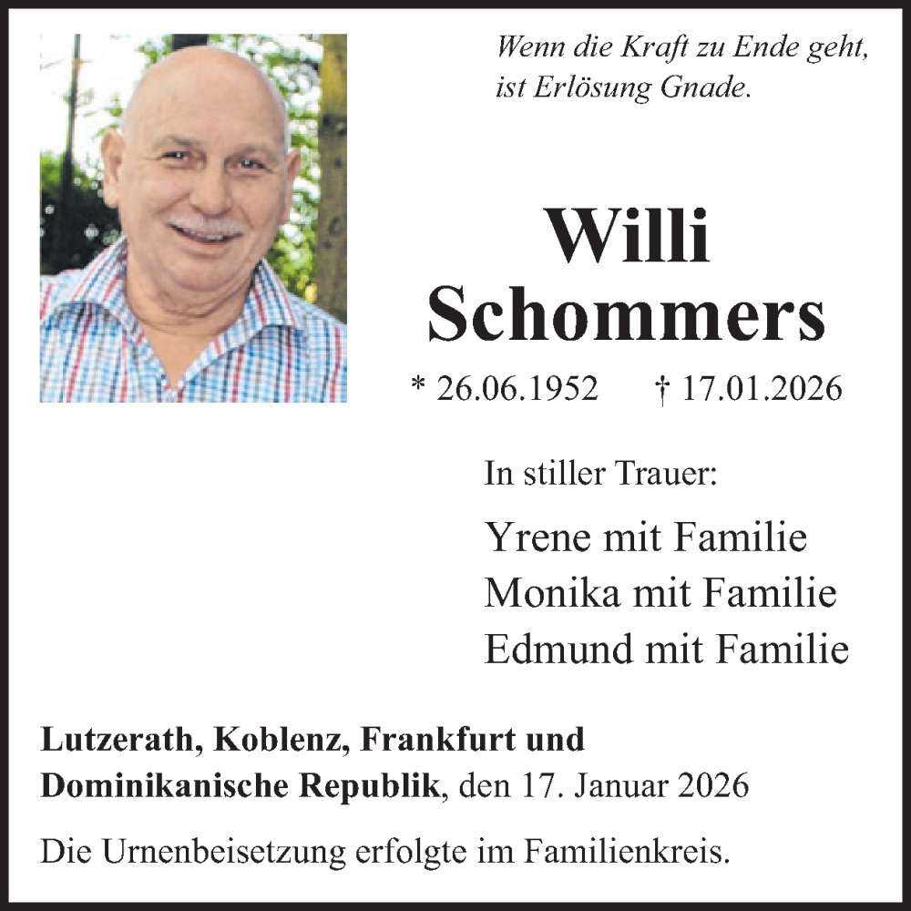 Traueranzeige für Willi Schommers vom 11.02.2026 aus WochenSpiegel